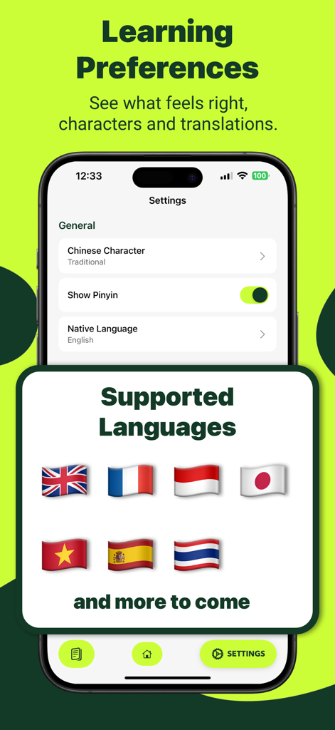 HSK Flashcard - Learn Chinese - Screenshot of the HSK Flashcard app settings screen showing learning preferences and a list of supported languages represented by national flags.