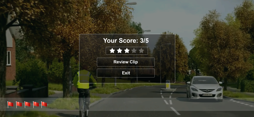 Hazard perception test result screen with a score of 3 out of 5 stars