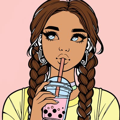 realistic girl with braided hair drinking boba