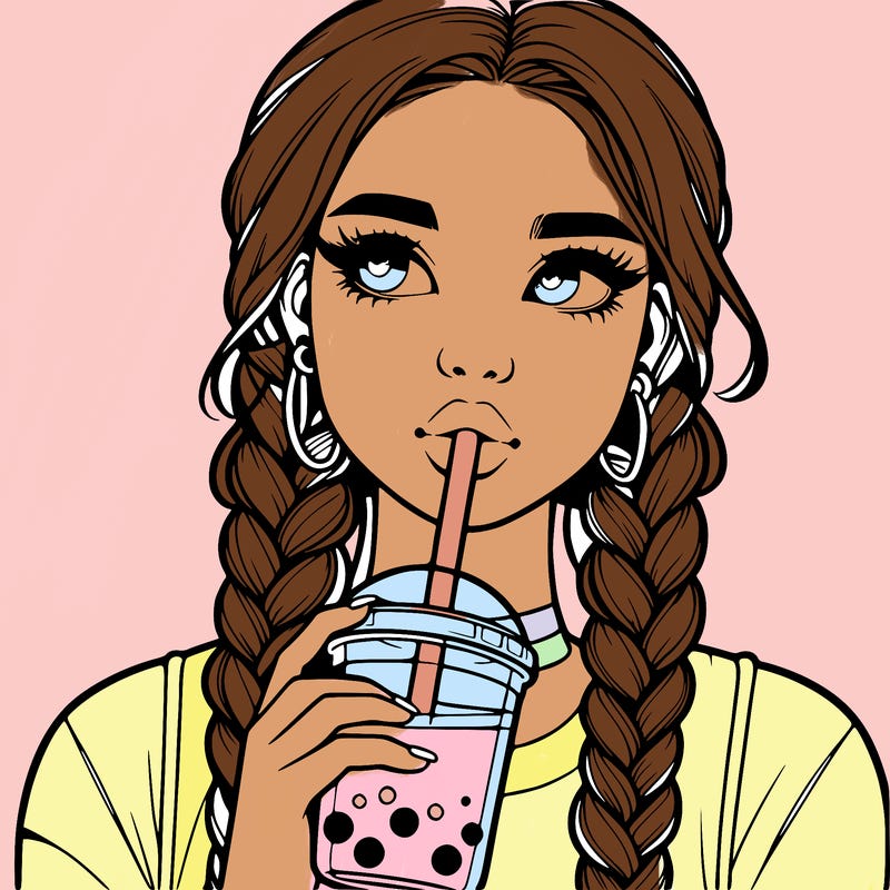 realistic girl with braided hair drinking boba