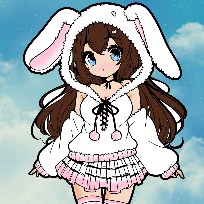 pretty anime girl wearing a fluffy hoodie with bunny ears on the hood and a skirt