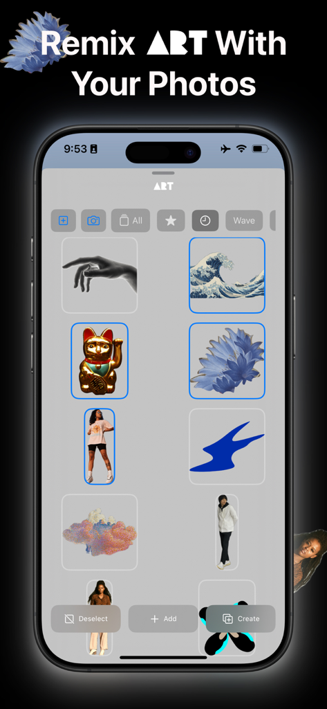 Create ART: Gen Ai Art Player - Pantalla de aplicación móvil que muestra una galería curada de fotos e ilustraciones listas para ser remezcladas en arte IA.