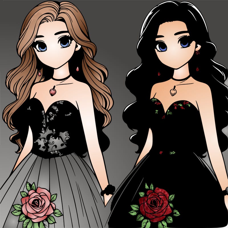 a girl with long hair in a beautiful prom dress with a rose design and hanging earrings and a diamond necklace in a realistic style, full body view, looks about 16