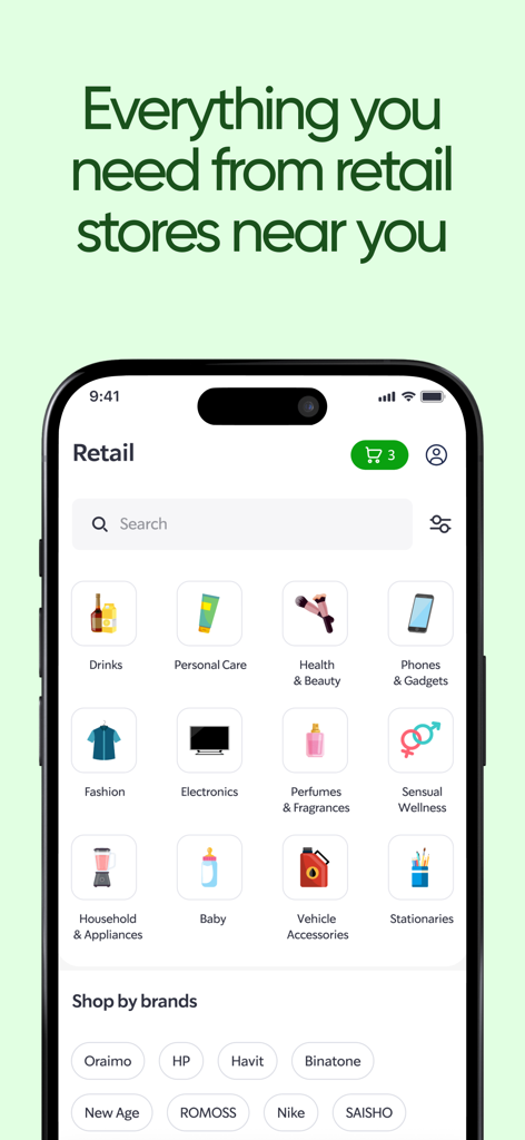 Heyfood - Food Delivery - Tela do aplicativo Heyfood mostrando várias categorias de varejo, incluindo eletrônicos, moda e eletrodomésticos, com uma seção de seleção de marcas.