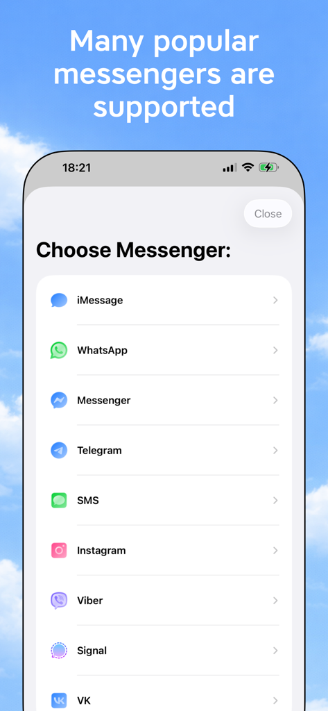 QuickChat: communicate faster - QuickChat interface showing a list of supported messaging apps like iMessage WhatsApp and Telegram