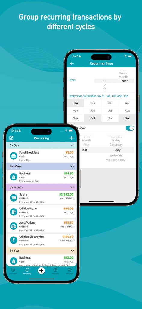 Mobile app screens showing how to group and schedule recurring transactions by day week month and year.