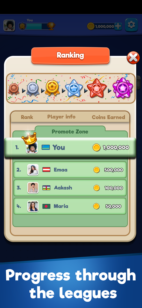 Parchis CLUB - Pro Ludo - Pantalla de tabla de clasificación en Parchis Club que muestra la clasificación de jugadores y la progresión de la liga