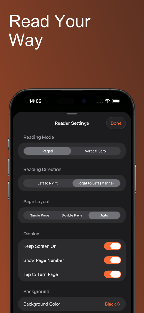 ComicFlow - CBR & CBZ to PDF - ComicFlow app interface displaying reader customization settings for reading mode, direction, and page layout.