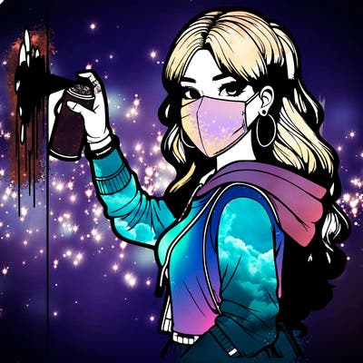 realistic girl with mask spray painting a wall