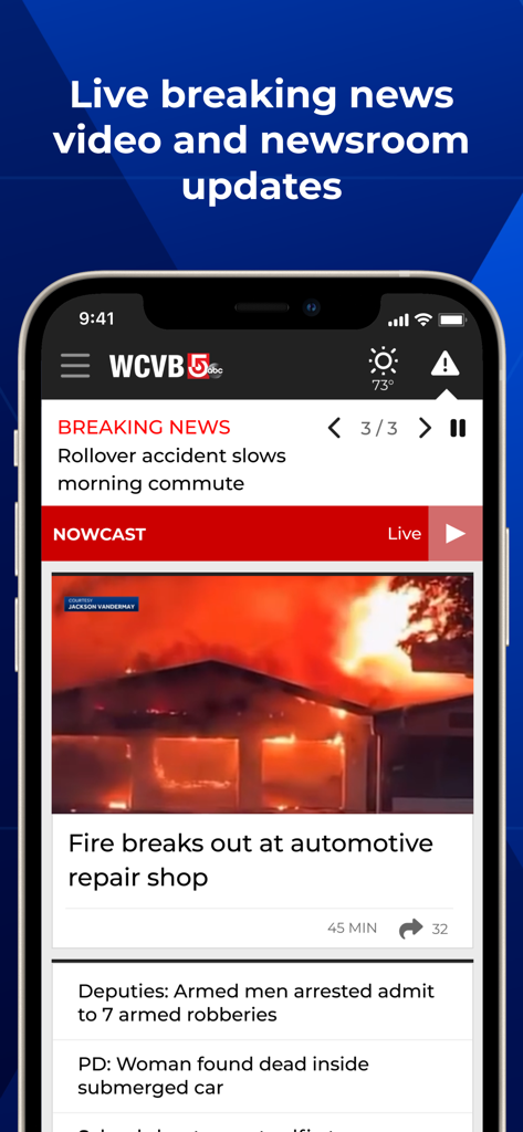 WCVB NewsCenter 5 - Boston - WCVB NewsCenter 5 mobile app interface showing live breaking news updates and local Boston headlines
