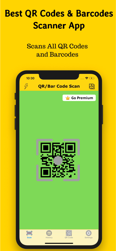 QR-Code Scan - iPhone screen displaying the QR Code Scan app interface with a green scanning area and bottom navigation for history and settings