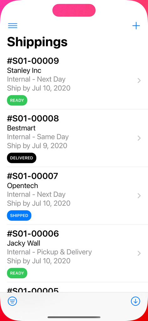 Shipping management screen showing a list of delivery orders with status labels such as Ready Delivered and Shipped