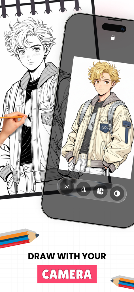 AR Sketch - AR Drawing - Ein Künstler verwendet die AR Sketch App auf einem Smartphone, um einen Anime-Charakter auf physisches Papier zu zeichnen.