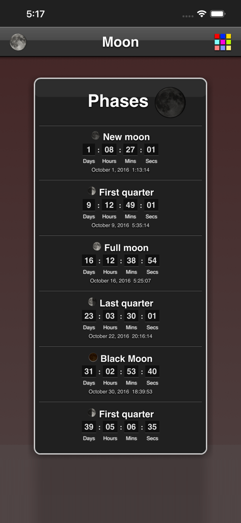 Moon Phases - 次の新月、上弦の月、満月の満ち欠けのカウントダウンタイマーを表示するムーンフェーズアプリのスクリーンショット