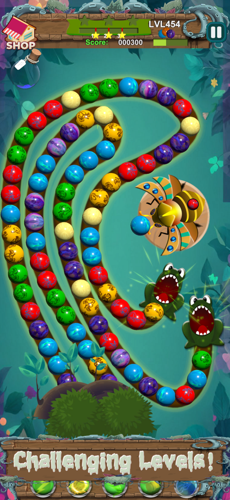 Marble Jungle: Blast Master 3D - A gameplay screen of Marble Jungle Blast Master 3D showing colorful marbles on a winding path in a jungle setting with the text Challenging Levels.