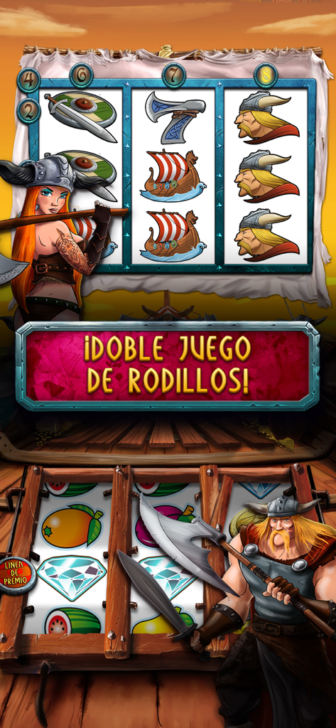 Vikingos – Máquina Tragaperras - A mobile screenshot of Vikingos slot machine showing the double reel gameplay feature with Viking characters and Norse themed symbols.