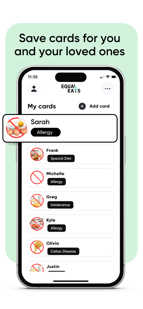 Equal Eats - Equal Eats app interface showing a list of saved food allergy and dietary restriction cards for multiple family members