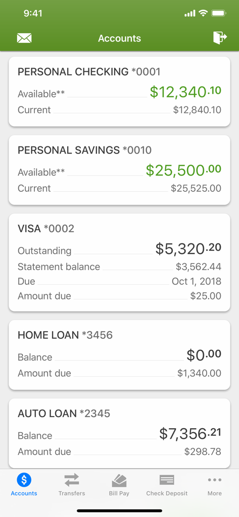 OurFirstFed mobile banking app accounts dashboard displaying checking savings and loan balances