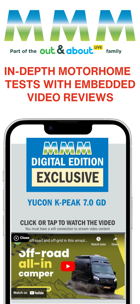 MMM magazine - Pantalla de la aplicación de la revista MMM que muestra pruebas exhaustivas de autocaravanas con reseñas de video incrustadas y exclusivas de la edición digital