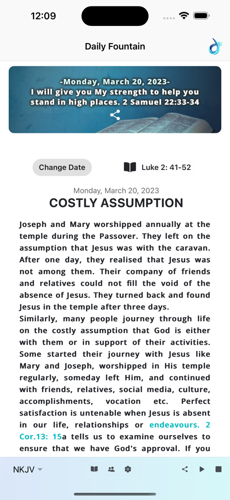 Schermata che mostra una lettura devozionale quotidiana dall'app Daily Fountain.