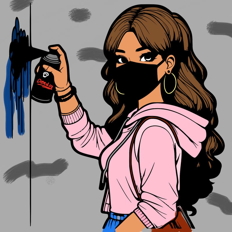 realistic girl with mask spray painting a wall