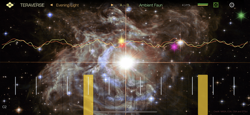 Teraverse - Teraverse app interface featuring a galaxy background with sound morphing waveforms and a MIDI keyboard.