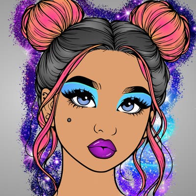 realistic girl with two buns on her hair and lips