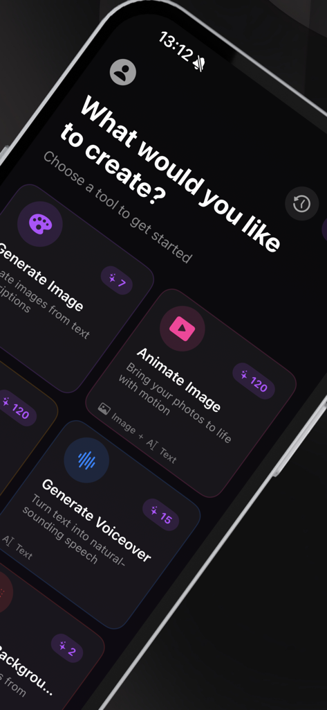 Main menu of the Clippi app featuring AI tools for image generation and video animation