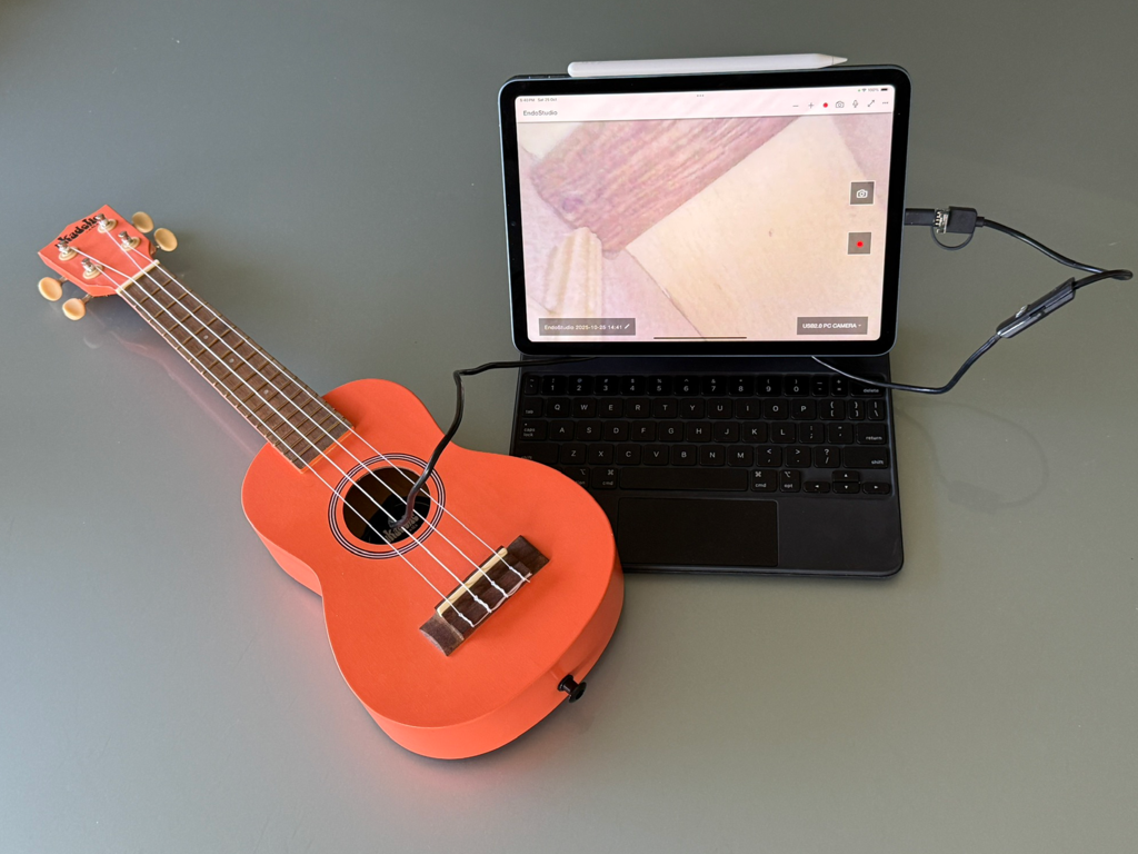 EndoStudio - Aplicación EndoStudio en iPad mostrando una transmisión de video en vivo de un endoscopio USB inspeccionando un ukelele.