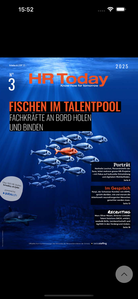 HR Today Magazin - Titelbild des HR Today Magazins mit Unterwasserthema und Schlagzeile über das Fischen im Talentpool