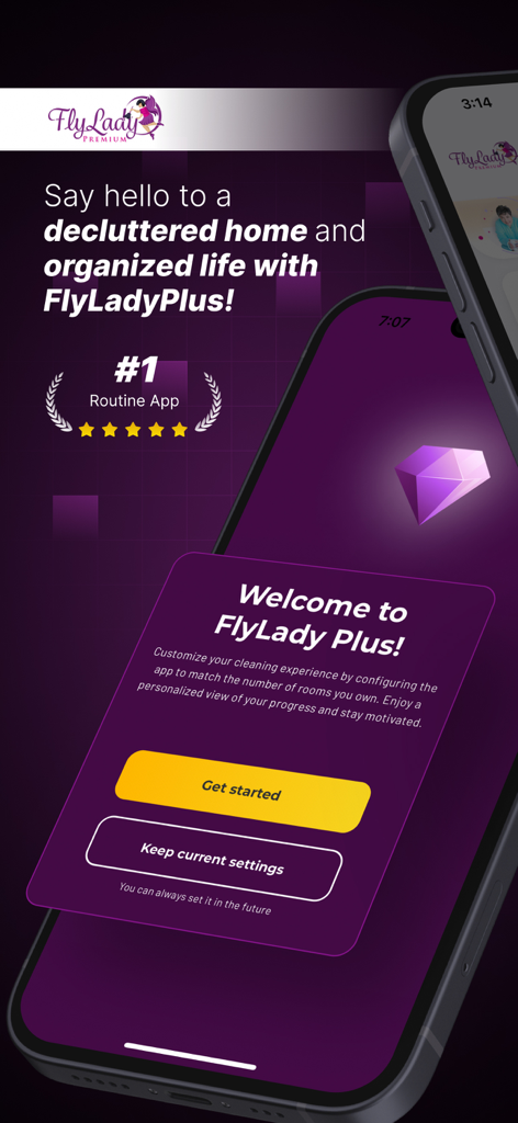 FlyLady: Routines & Cleaning - A smartphone showing the FlyLady Plus app welcome screen for home organization and cleaning routines.