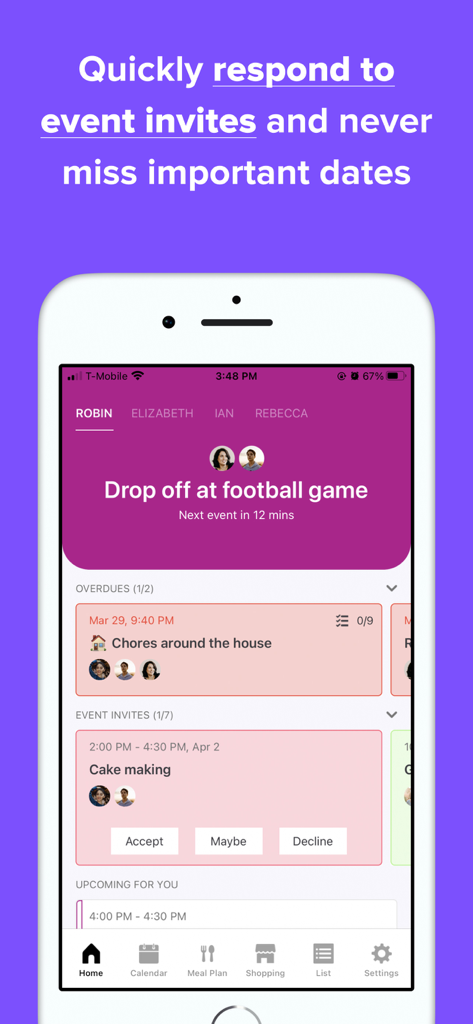 Interfaz de la aplicación Family Daily que muestra un panel para responder a invitaciones a eventos y realizar un seguimiento de las tareas familiares.