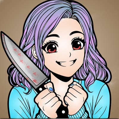 a realistic girl holding a knife and grinning