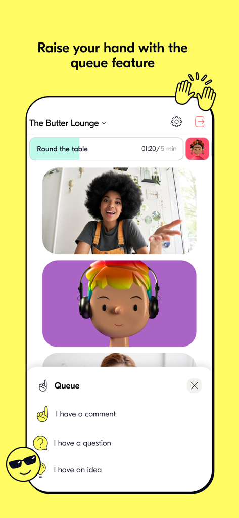 Butter: Virtual workshop tool - Mobile interface of the Butter app showing the queue feature menu for participants to raise their hand with a comment question or idea.