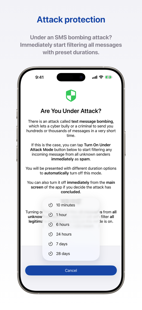 Junkman: AI Spam SMS Blocker - Junkman app interface showing the Under Attack Mode screen with options to set a duration for filtering SMS bombing attacks.