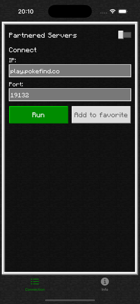 Interface of BedrockTogether app showing IP and port fields to connect to a Minecraft server on console