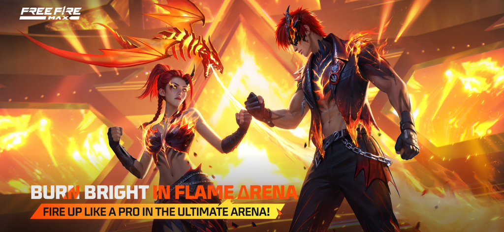 Deux personnages enflammés et un dragon mécanique dans le graphique promotionnel de l'Arène de Flammes de Free Fire MAX