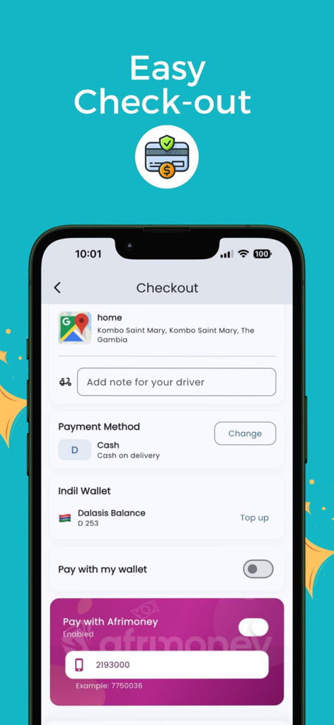 Pantalla de pago de la aplicación de compras Indil que muestra las opciones de pago y la dirección de entrega