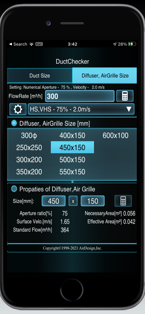 DuctChecker - Interface of the DuctChecker app showing diffuser and air grille size calculations with flow rate and properties