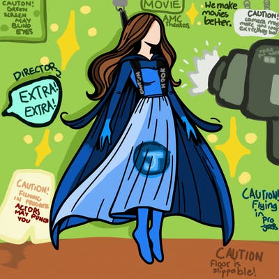 woman levitating with long hair and a cape dressing with a pants