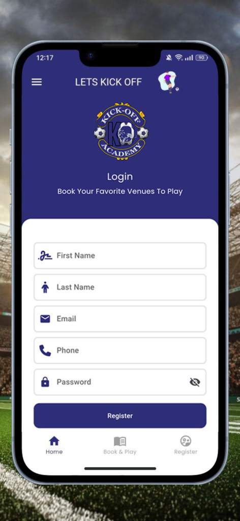 Kick-Off - Registrierungsbildschirm der Kick Off Academy App mit einem Anmeldeformular für Elite-Fußballtraining