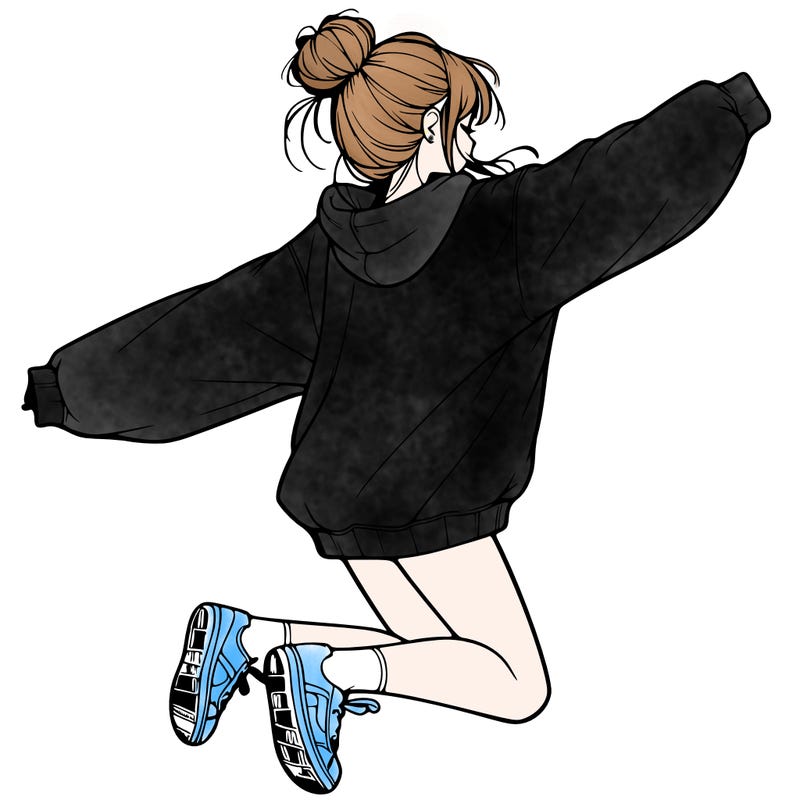 realistic girl jumping with a bun and oversized sweatshirt