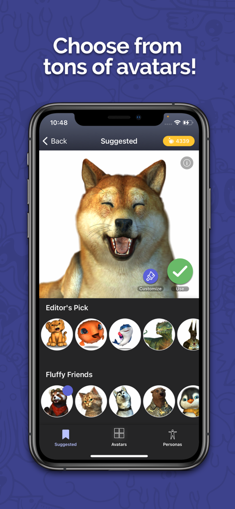 Interfaz de la aplicación Animaze que muestra un avatar de Shiba Inu y varias opciones de personajes