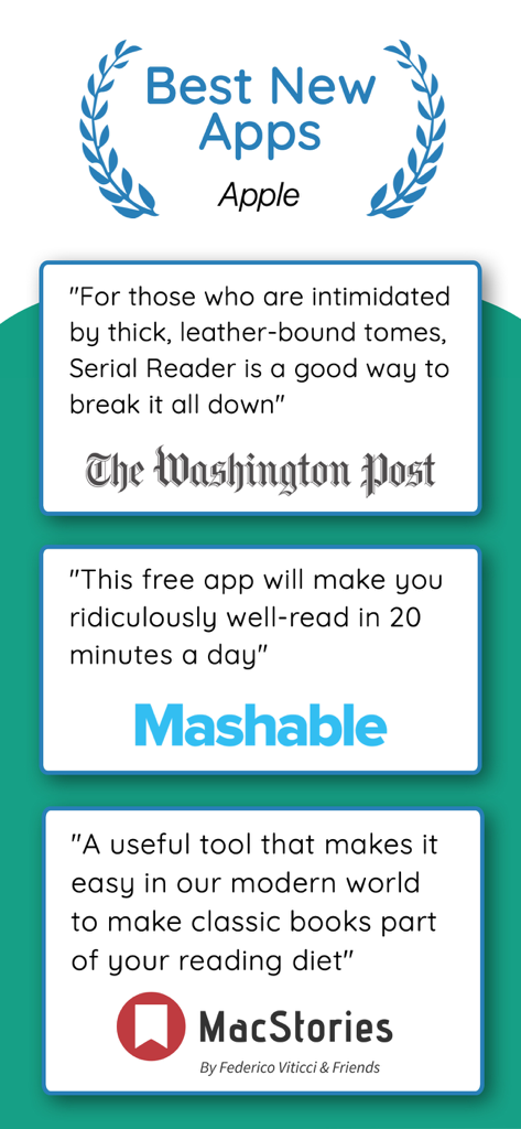 Press reviews for the Serial Reader app from The Washington Post Mashable and MacStories