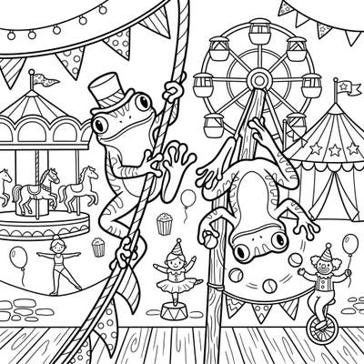 Dive into a whimsical world where tree frogs are the stars of a bustling carnival! This delightful coloring page captures the joy and excitement of the fair with unique amphibian performers.