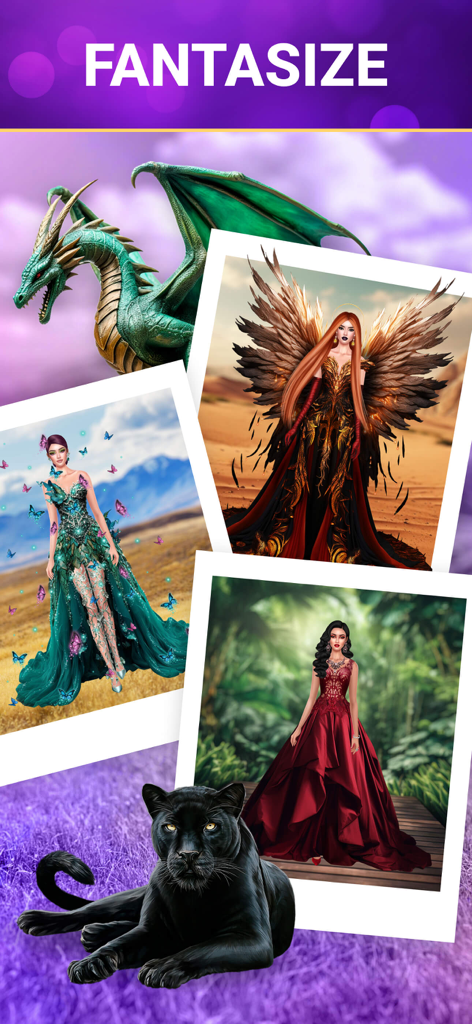 SUITSME: Dress Up Fashion Game - Fantasy fashion models in elaborate gowns with a dragon and a black panther
