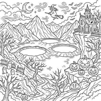 Embark on a thrilling coloring journey with this unique Halloween scene featuring mysterious crater lakes. Explore a landscape filled with spooky delights, from flying witches to grinning pumpkins, perfect for the season.