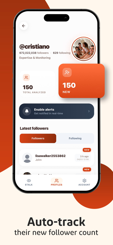 Eyko: Recent Follow Tracker - Interfaz de la aplicación Eyko que muestra una lista de nuevos seguidores y estadísticas de seguimiento automático para un perfil de redes sociales.