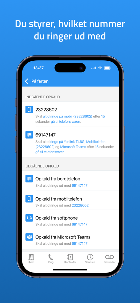 Myfone app interface showing incoming and outgoing call routing settings for business users