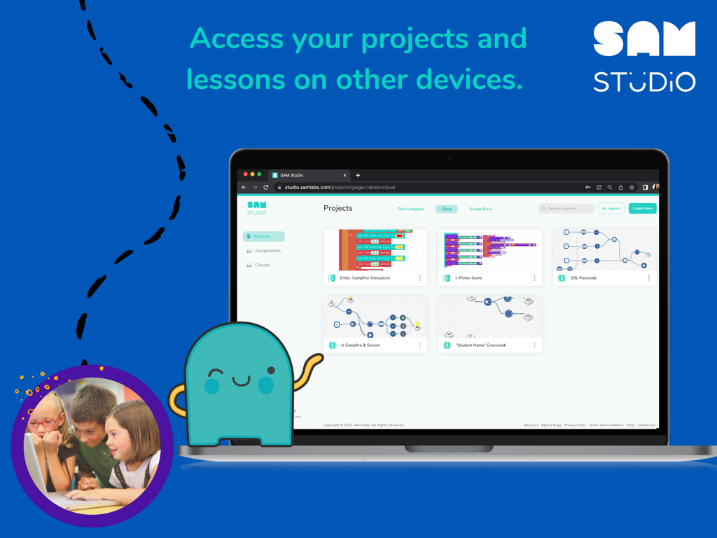 A laptop screen displaying the SAM Studio project dashboard with students collaborating in a small circular inset.